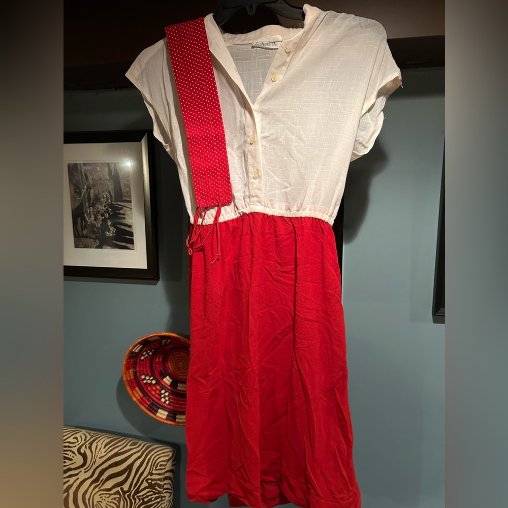 Vintage 70’s/80’s Sherbet Red and White Aline Midi Dress with corset belt